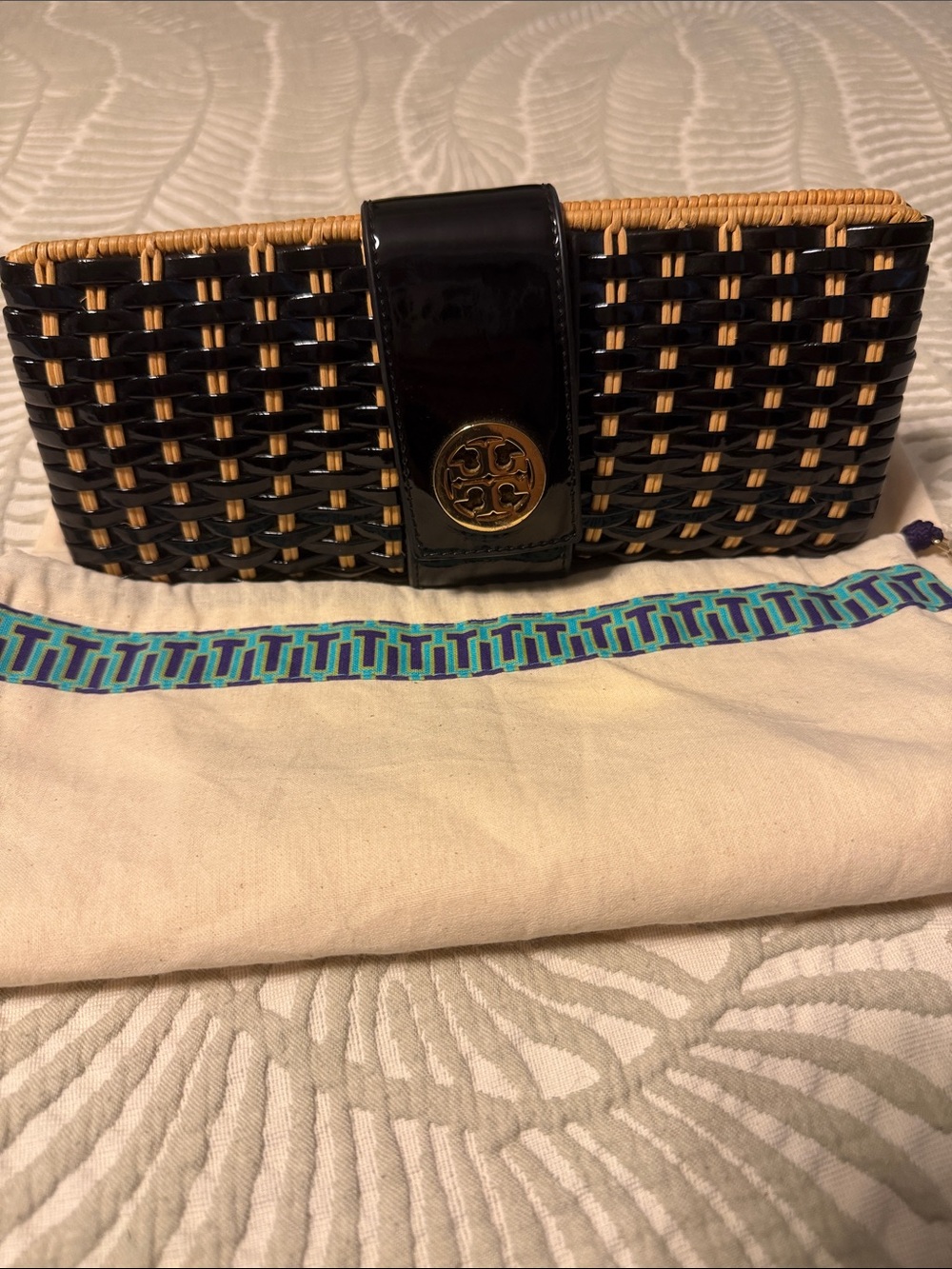 Tory Burch Black and Tan Wicker Clutch